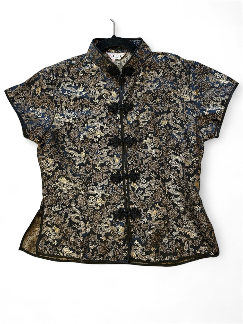 Vintage Black & Gold Dragon Chinese Brocade Inspired Top Blouse -XS/S
